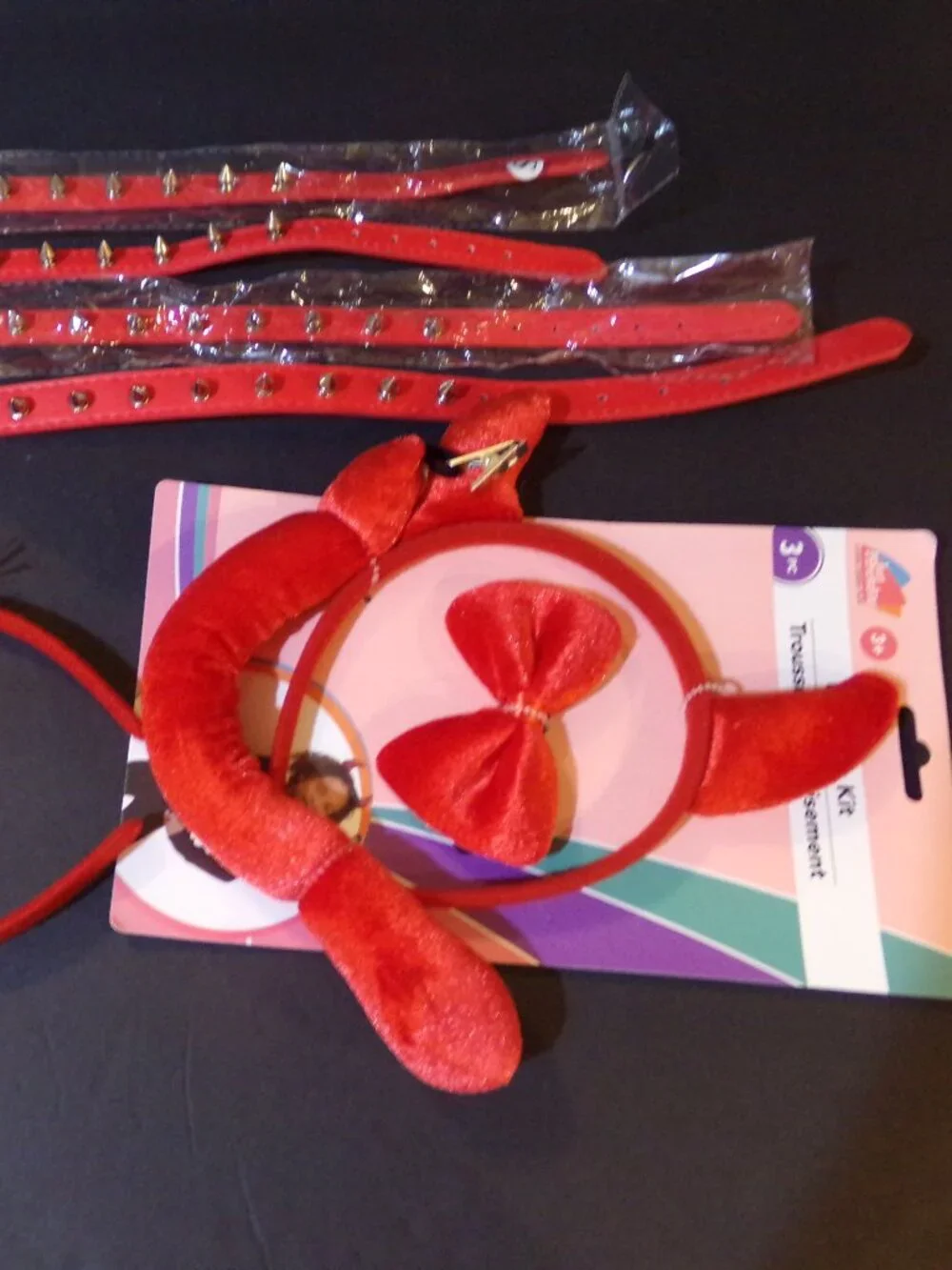 New Halloween Costume Headband Red Horns Spike Collars Tail Velvet Like Dress Up